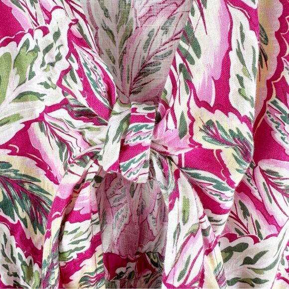 LOFT Beach Palm Tie Front Linen Pink Floral Print 3/4 Puff Sleeve Romper, Size M - Picture 8 of 15